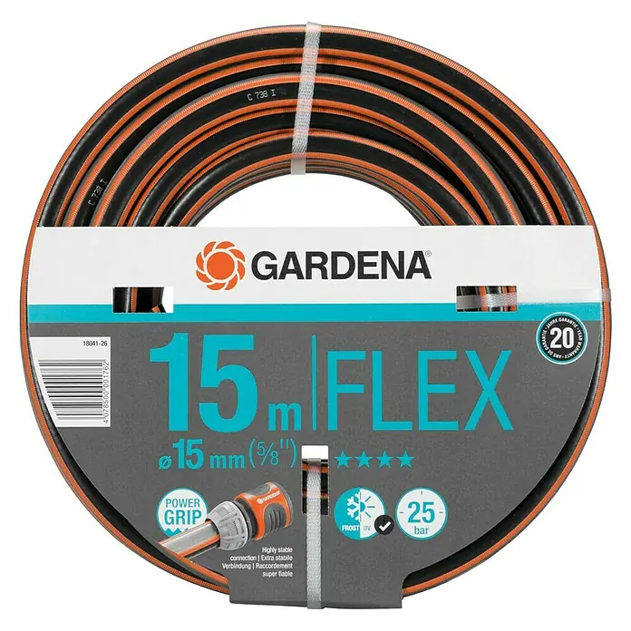 Gardena Manguera para jardín - Ø x L: 15 mm x 15 m - Manguera de jardín GARDENA Flex 15 m, 15 mm de diámetro, con Power Grip para una sujeción segura y protección contra heladas.