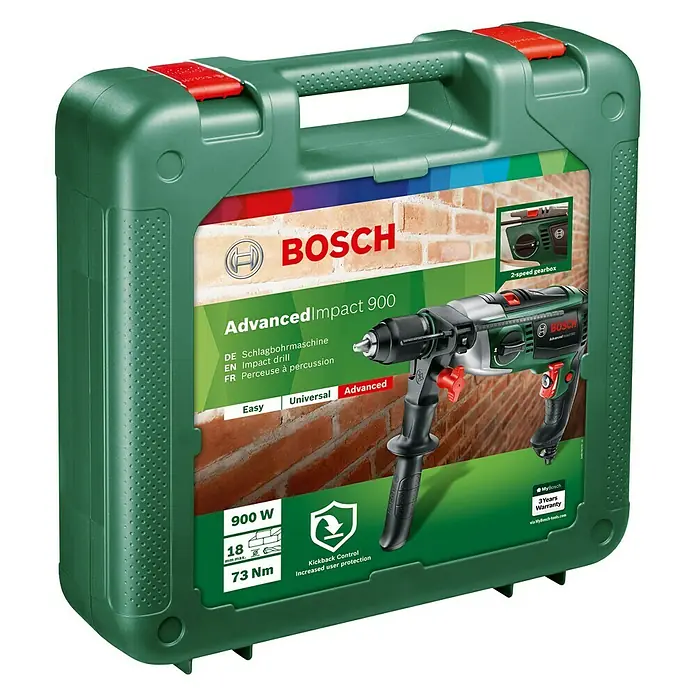 Bosch Schlagbohrmaschine AdvancedImpact 900900 W, Schnellspannbohrfutter - Das Bild zeigt einen grünen Werkzeugkoffer von Bosch mit dem AdvancedImpact 900 Schlagbohrer.