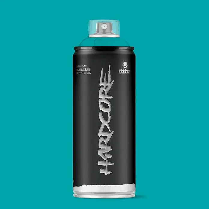 mtn Pintura decorativa en spray Hardcore - Azul Glaciar, Brillante, 400 ml - Bote de pintura en aerosol Montana Colors Hardcore en negro y turquesa. Ideal para proyectos de grafiti y arte urbano.