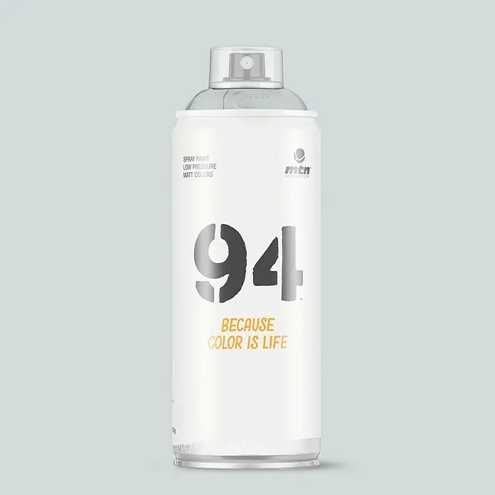 mtn Pintura decorativa en spray 94 - Gris Rita, Mate, 400 ml - Imagen de un spray blanco MTN 94 con la inscripción "BECAUSE COLOR IS LIFE", apto para colores mate a baja presión.