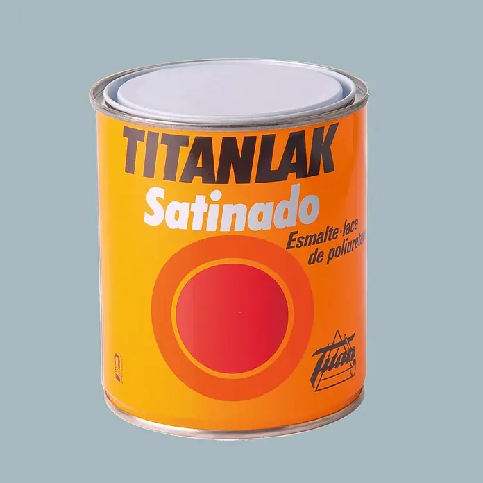 Titan Titanlak Esmalte de color - Gris perla, Satinado, 750 ml - Lata naranja de pintura de laca TITANLAK Satinado con campo de color rojo y tapa blanca sobre fondo azul.