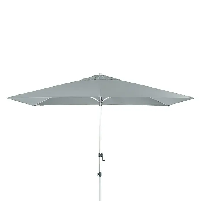 Doppler Expert Marktschirm Auto Tilt - Hellgrau, Bespannungsmaß (L x B): 300 x 200 cm - Nahaufnahme eines grauen quadratischen Sonnenschirms mit silberfarbenem Ständer vor schwarzem Hintergrund.