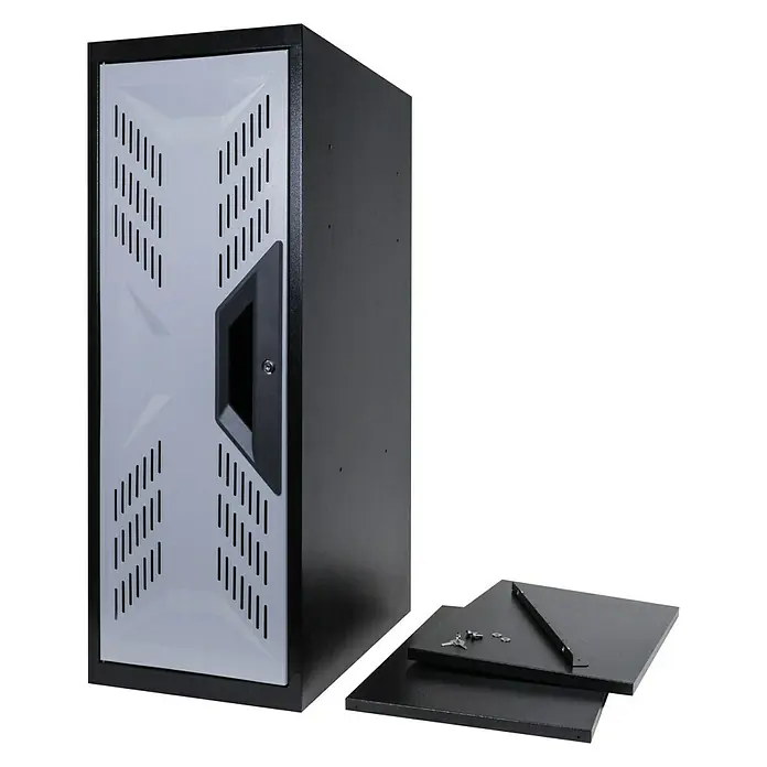 Batavia BluCave Hochschrank - L x B x H: 59 x 39 x 110 cm - Bild eines grauen Serverschranks mit schwarzem Gehäuse und zwei schwarzen Regalen zur Installation.
