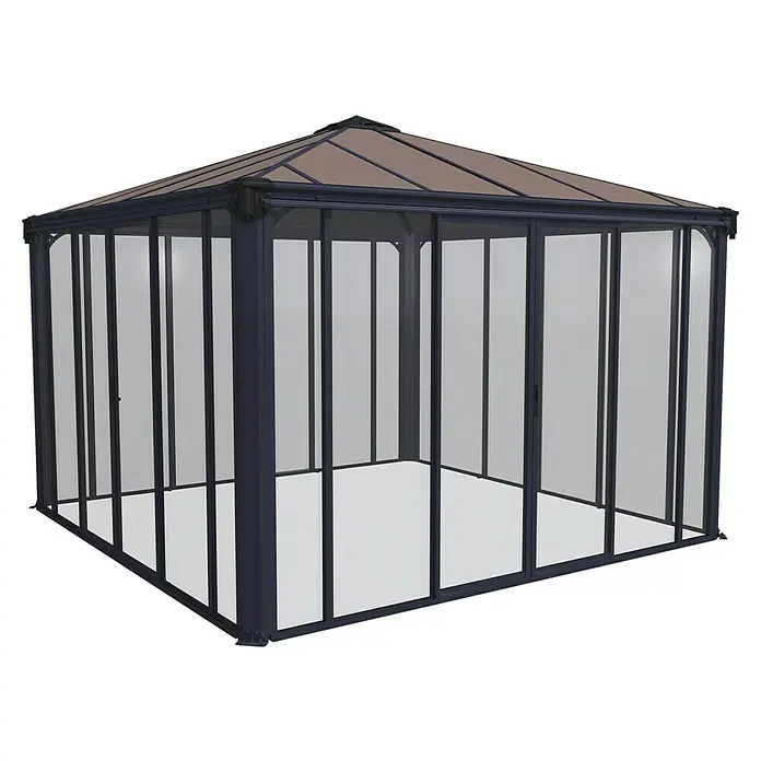 Palram – Canopia Gartenpavillon Ledro 3600 - B x T: 360 x 360 cm, Farbe Gestell: Anthrazit, Aluminium - Abbildung eines Pavillons mit braunem Dach und klaren Wänden, ideal für den Garten.
