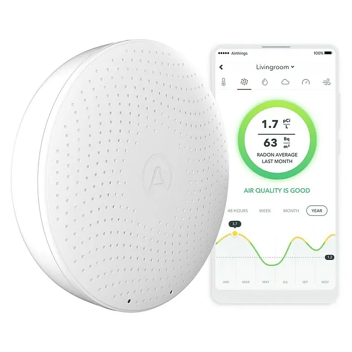Airthings Luftqualitätsmonitor Wave Plus mit CO2- und Radonmeldung - Durchmesser: 119 mm, Batterielaufzeit: 1,5 Jahre - Intelligenter Airthings-Luftqualitätssensor mit zugehöriger Smartphone-App zur Überwachung der Raumluftqualität und Anzeige der Radonwerte.