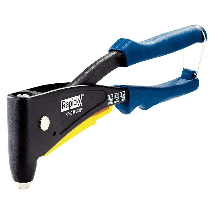 Rapid Blindnietzange RP40 Multi - Geeignet für: Aluminium-/Edelstahlnieten (Ø 3,2 mm/4 mm), Nietdurchmesser: 4,8 mm, Ergonomischer Griff - Eine Rapid RP40 Multi Nietzange mit blauem Griff und schwarzem Körper. Ideal für Heimwerker- und Bastelprojekte.