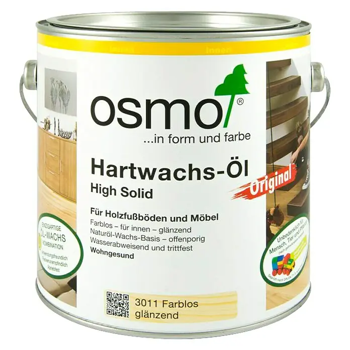 Osmo High Solid Hartwachsöl Original - Farblos, 2,5 l, Glänzend - Dose Osmo Hartwachs-Öl High Solid für Holzfußböden und Möbel, farblos und glänzend. Ideal für den Innenbereich und wohngesund.