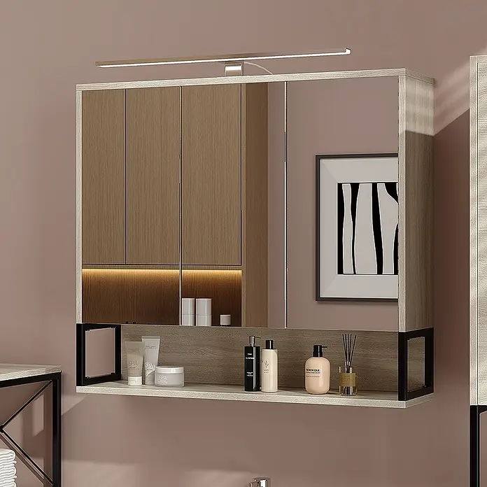 Vicco Spiegelschrank Vionna Eiche/Schwarz mit LED-Licht - Stahl, Eiche/Schwarz