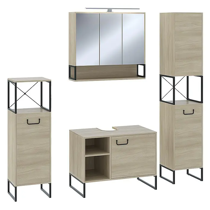 Vicco Spiegelschrank Vionna Eiche/Schwarz mit LED-Licht - Stahl, Eiche/Schwarz