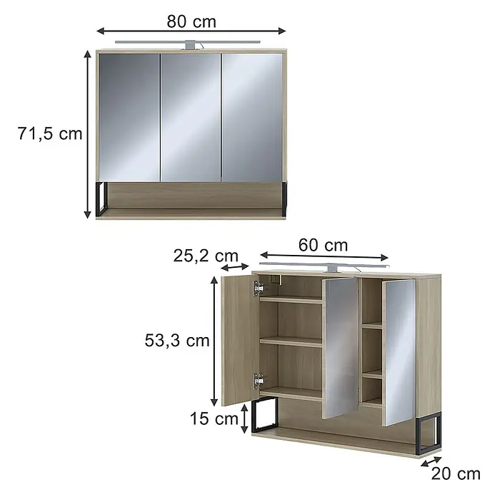 Vicco Spiegelschrank Vionna Eiche/Schwarz mit LED-Licht - Stahl, Eiche/Schwarz