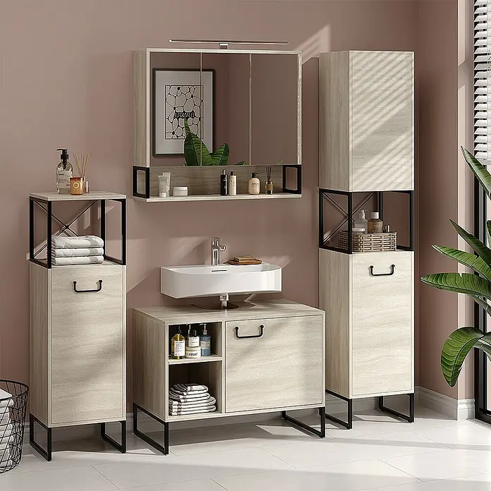 Vicco Spiegelschrank Vionna Eiche/Schwarz mit LED-Licht - Stahl, Eiche/Schwarz