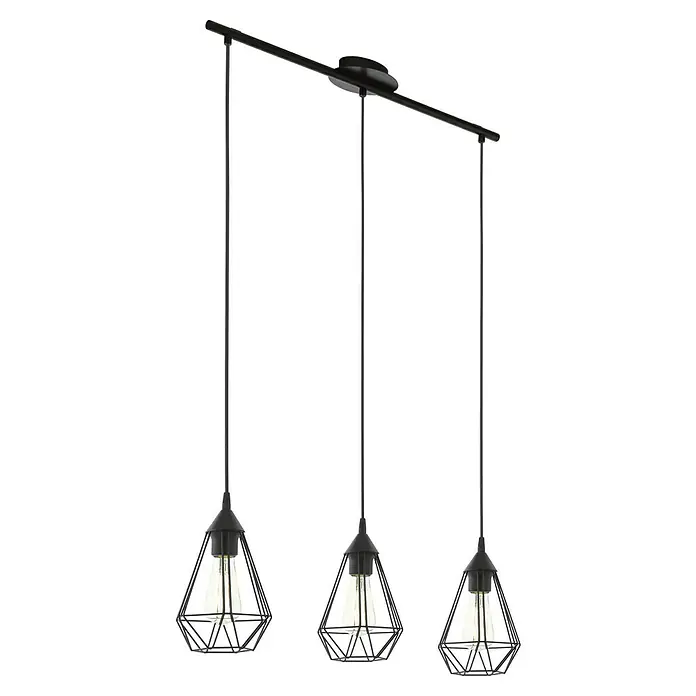 Eglo Tarbes Pendelleuchte - Max. Systemleistung: 180 W, Höhe: 110 cm, E27, Farbe Gehäuse: Schwarz - Moderne schwarze Pendelleuchte mit drei geometrischen Lampenschirmen und klaren Glühbirnen für stilvolle Beleuchtung.