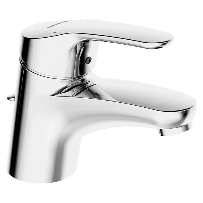 Hansa Mix Waschtischarmatur XS - Mit Zugstange, Chrom, Glänzend - Nahaufnahme eines glänzenden, verchromten Wasserhahns mit schlankem Design und modernem Aussehen für Badezimmer oder Küche.