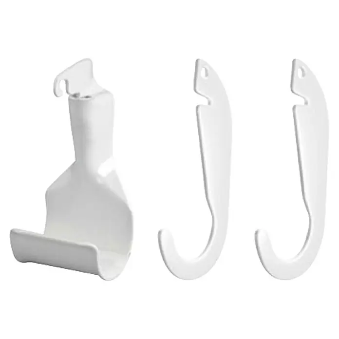 Elfa Classic by Elfa Kleiderstangenhalter Gardeobe - Metall, Weiß - Produktansicht von weißen Wandhaken und einem Regalhalter aus Kunststoff. Ideal zur Aufbewahrung von Küchenutensilien. Praktisch und platzsparend.