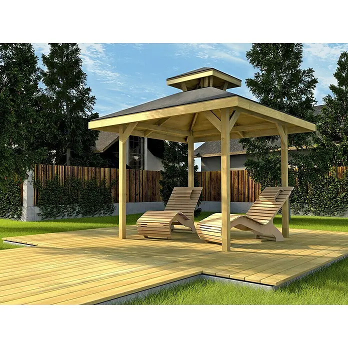 Weka Pavillon 651 - 2,94 x 2,94 m, Fichte - Entspannen Sie stilvoll mit dieser hölzernen Gartenlaube und den passenden Liegestühlen, die Komfort und Eleganz im Freien bieten.