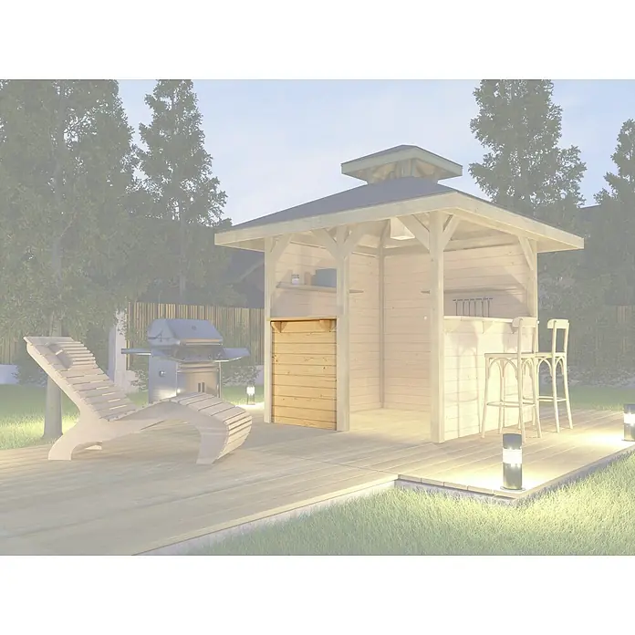 Weka Pavillon-Treseneingang Gr. 2 - Passend für: Weka Gartenlaube Gartenoase Gr. 2 - Holzkonstruktion mit überdachtem Barbereich und hölzernem Bartresen, ergänzt durch stilvolle Barhocker. Ideal für Gartenpartys.