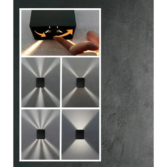 Starlux LED-Außenwandleuchte Effect - 6 W, 10 x 6 x 12 cm, Anthrazit, IP65 - Das Bild zeigt eine moderne Wandleuchte mit verstellbaren Lichtstrahlen, die eine stimmungsvolle Beleuchtung erzeugt.