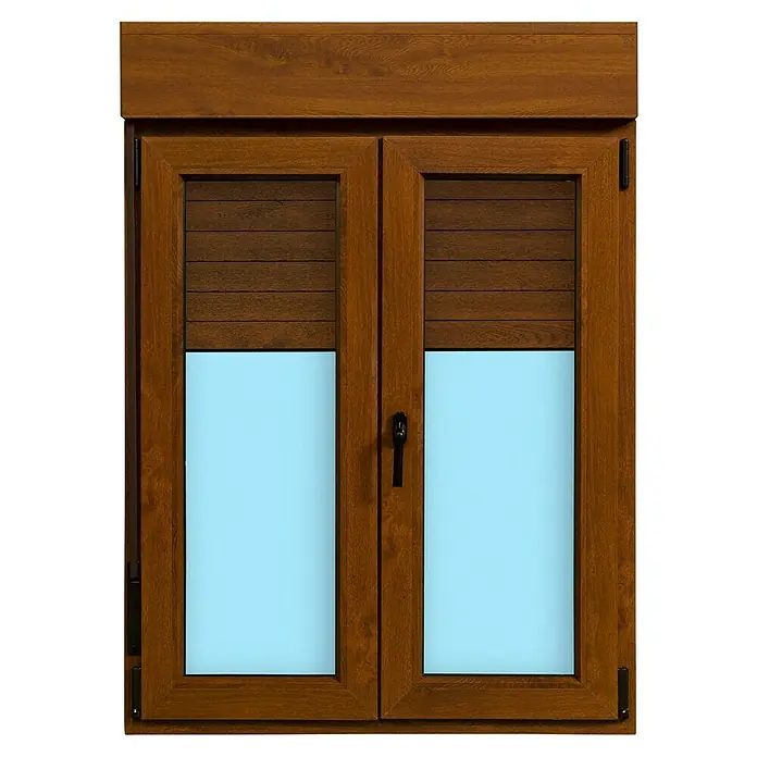 Ventana de PVC practicable-oscilobatiente - 100 x 138 cm, Derecha, Marrón, Con persiana de aluminio - Ventana marrón con persiana enrollable y vidrio azul que permite la entrada de luz.