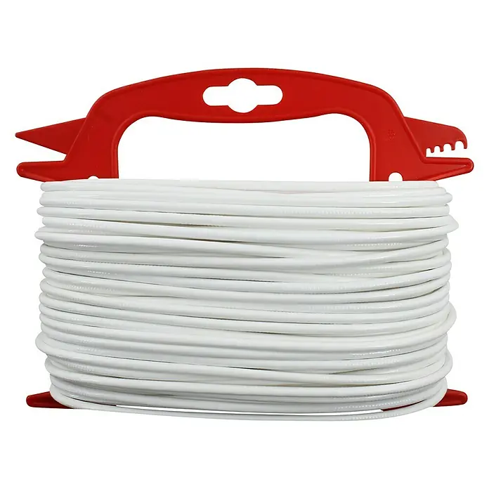 Stabilit WäscheleineØ x L: 4 mm x 30 m, Weiß - Eine Spule mit weißer Kunststoffleine und einem roten Kunststoffgriff zum Abwickeln. Praktisch für Gartenarbeiten und mehr.