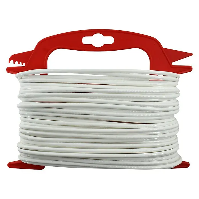 Stabilit Cuerda de tender - Ø x L: 4 mm x 20 m, Blanco - Un rollo de tendedero de plástico blanco con un asa de plástico roja para colgar. Ideal para jardinería y otras aplicaciones.