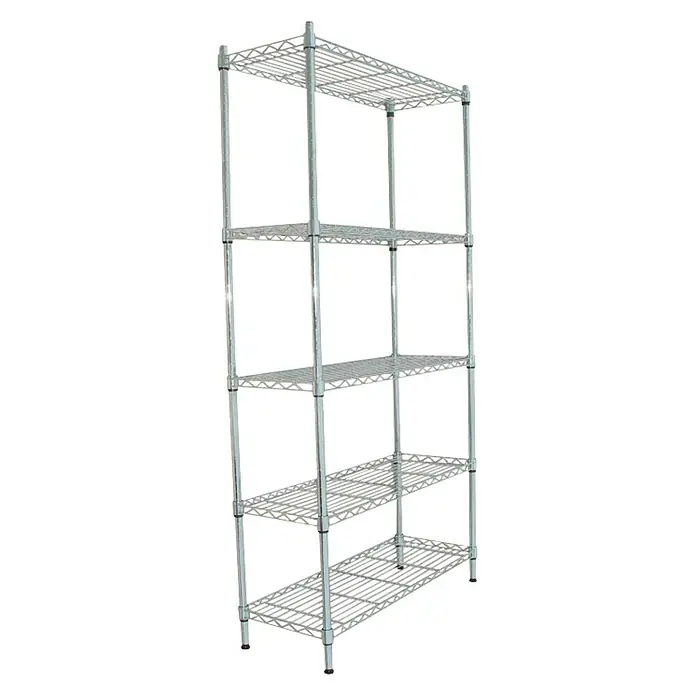 Estantería metálica Stylo - Al x An x Pr: 180 x 90 x 35 cm, Número de baldas: 5 ud., Inserción, Cromo - Imagen de una estantería de alambre cromado con cinco niveles, ideal para almacenamiento y organización. La estantería es robusta y espaciosa.