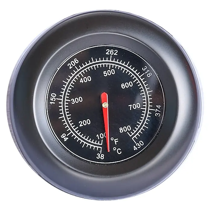 Kingstone Ersatz-Thermometer Cube - Passend für: Kingstone Cube Outdoorküche 4500 - Nahaufnahme eines schwarzen runden analogen Thermometers, das etwa 100 Grad Fahrenheit anzeigt.