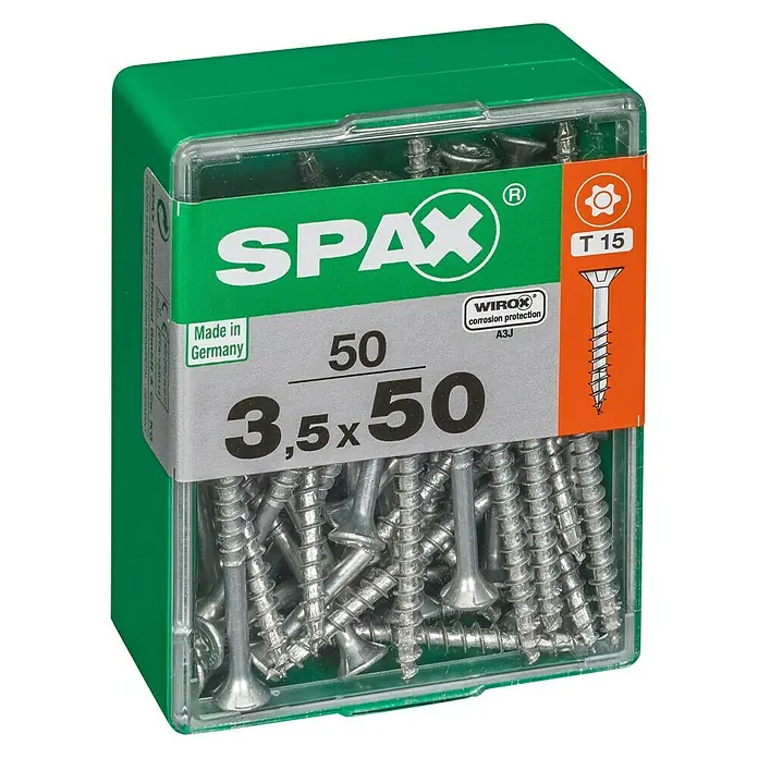 Spax T-Star plus Universalschraube T-Star plus - Ø x L: 3,5 x 50 mm, WIROX Oberfläche, T-Star plus, 50 Stk. - Dose mit 50 SPAX Senkkopfschrauben 3,5 x 50 mm, ideal für vielfältige Anwendungen. Die Schrauben bieten dank WIROX Korrosionsschutz A3J zuverlässigen Schutz.
