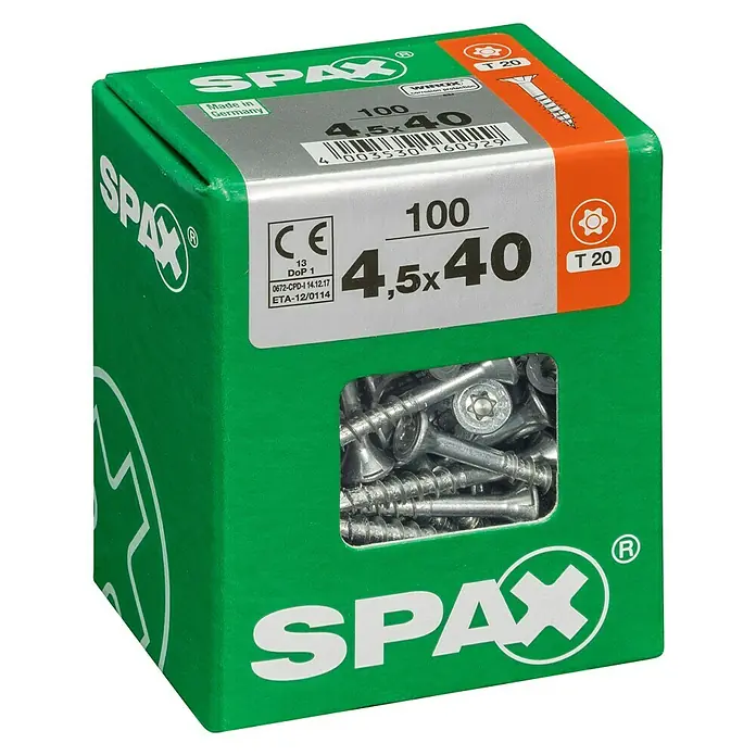 Spax T-Star plus Universalschraube T-Star plus - Ø x L: 4,5 x 40 mm, WIROX Oberfläche, T-Star plus, 100 Stk. - Eine grüne Schachtel Spax Schrauben 4,5x40, enthält 100 Schrauben. Geeignet für Holzkonstruktionen und Reparaturen aller Art.
