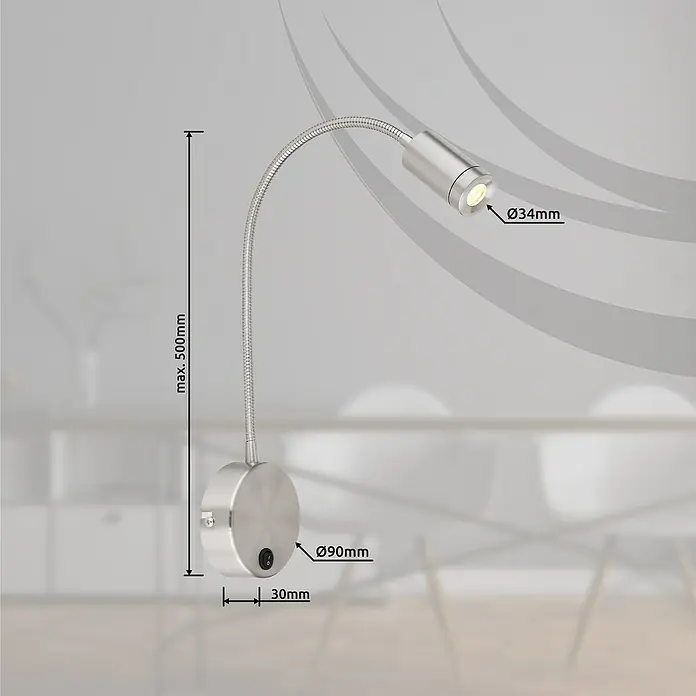Globo LED-Wandleuchte Milly - 3 W, Schwarz, Nickel, Warmweiß, B x H: 9 x 50 cm - Bild einer silbernen LED-Wandleuchte mit flexiblen Arm und den Maßen des Produkts.