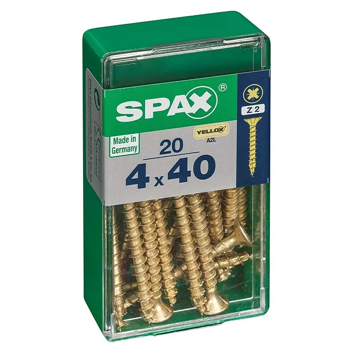 Spax Universalschraube - 4 x 40 mm, Vollgewinde, 20 Stk. - Abbildung einer Packung Spax-Universalschrauben 4x40 mm mit Senkkopf, Teilgewinde und Yellox-Oberfläche.