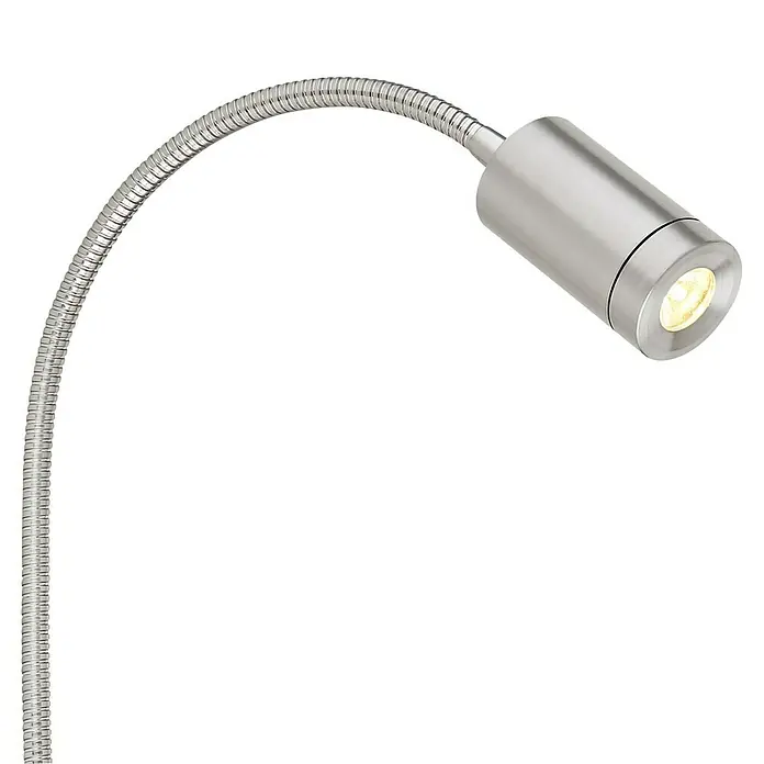 Globo LED-Wandleuchte Milly - 3 W, Schwarz, Nickel, Warmweiß, B x H: 9 x 50 cm - Nahaufnahme einer modernen, silbernen Leselampe mit flexiblem Arm und warmem Lichtschein, ideal für Schlafzimmer und Büros.