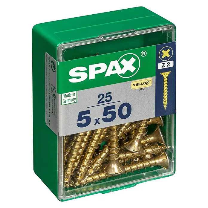 Spax Universalschraube - 5 x 50 mm, Vollgewinde, 25 Stk. - Dose mit 25 Spax Yellox A2L Schrauben, Größe 5x50 mm, ideal für vielseitige Anwendungen im Innenbereich.