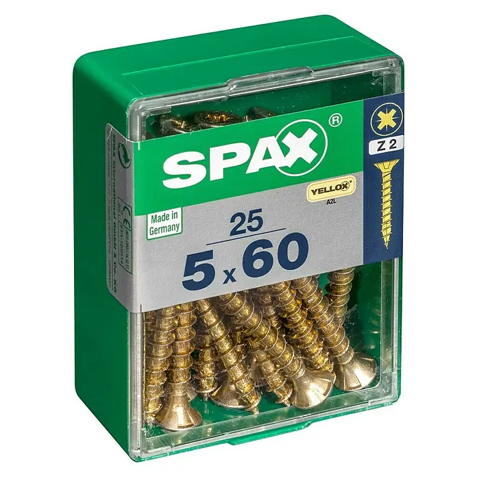 Spax Universalschraube5 x 60 mm, Vollgewinde, 25 Stk. - Grüne Spax Schraubenbox mit 25 gelb verzinkten 5x60 mm Schrauben, ideal für Holzverbindungen.