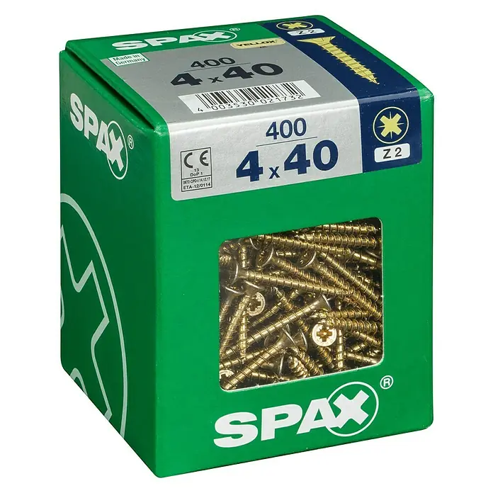 Spax Universalschraube - 4 x 40 mm, Vollgewinde, 400 Stk. - Nahaufnahme einer grünen Spax Schraubenbox, die 400 gelb verzinkte Schrauben der Größe 4x40 mm enthält.