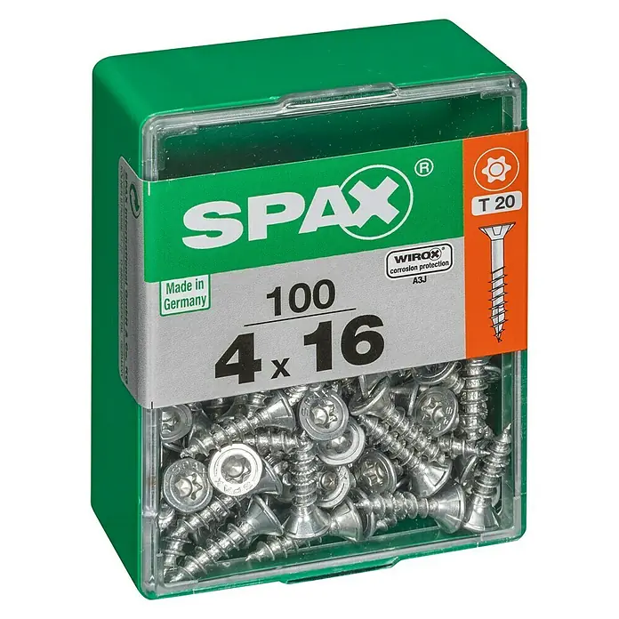 Spax T-Star plus Universalschraube T-Star plus - Ø x L: 4 x 16 mm, WIROX Oberfläche, T-Star plus, 100 Stk. - Eine grüne Box mit Spax-Schrauben, Größe 4x16 mm, inklusive der Aufschrift "Made in Germany" und "WIROX corrosion protection".