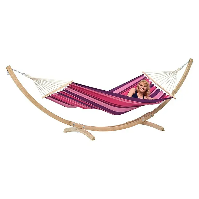 Amazonas Hängematten-Set StarSet Candy - 358 x 113 x 105 cm, Rosa/Violett - Entspannen Sie sich in dieser gestreiften Hängematte mit Holzgestell für den Garten. Genießen Sie Komfort und Stil im Freien.