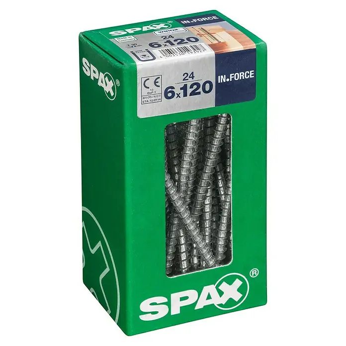 Spax Holzbauschraube IN.FORCE - Ø x L: 6 x 120 mm, WIROX Oberfläche, T-Star plus, 24 Stk. - Packung Spax In-Force Schrauben 6x120mm. Optimal für sichere und feste Verbindungen im Innen- und Außenbereich. Hochwertige Schrauben für Profis.