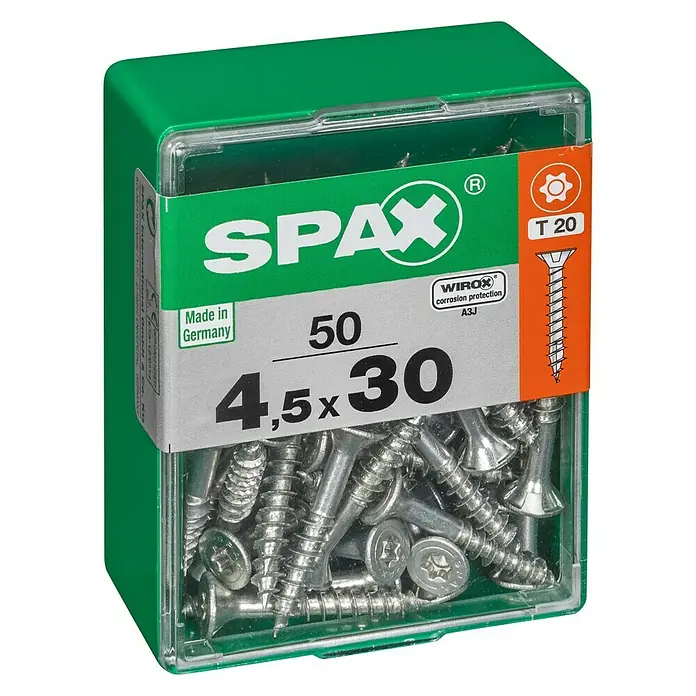 Spax T-Star plus Universalschraube T-Star plus - Ø x L: 4,5 x 30 mm, WIROX Oberfläche, T-Star plus, 50 Stk. - Eine grüne Spax Schraubenbox mit 50 Senkkopfschrauben, Größe 4,5 x 30, ideal für diverse Montagearbeiten. Die Schrauben bieten WIROX Korrosionsschutz.