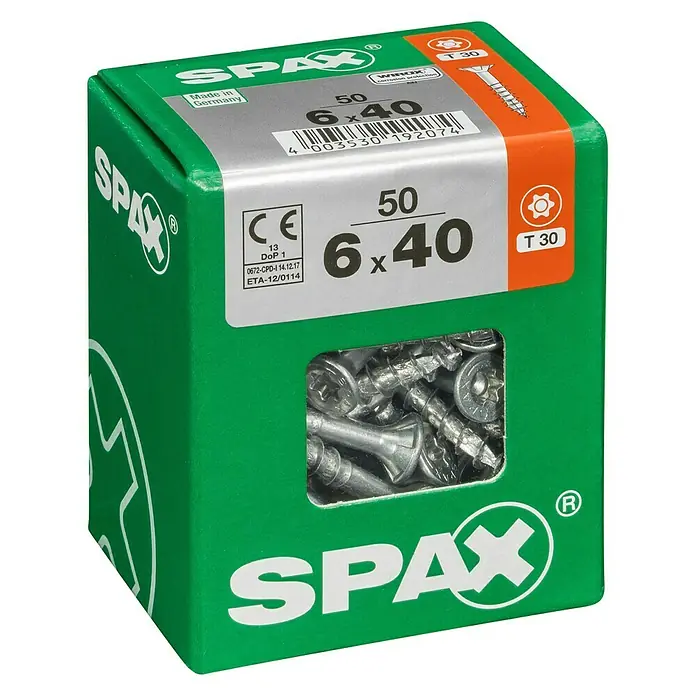 Spax T-Star plus Universalschraube T-Star plus - Ø x L: 6 x 40 mm, WIROX Oberfläche, T-Star plus, 50 Stk. - Eine grüne Schachtel mit 50 Spax-Schrauben der Größe 6x40, ideal für Holzverbindungen. Hergestellt in Deutschland.