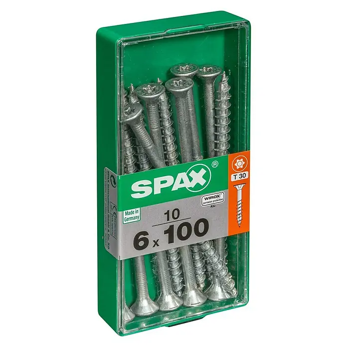Spax T-Star plus Universalschraube T-Star plus - Ø x L: 6 x 100 mm, WIROX Oberfläche, T-Star plus, 10 Stk. - Bild einer Spax-Schraubenpackung, Größe 6x100, mit Torx T30-Antrieb, ideal für Holzkonstruktionen und Heimwerkerprojekte.
