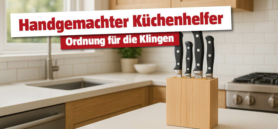 Selbstgemachter Messerblock aus Holz mit Messern in der Küche