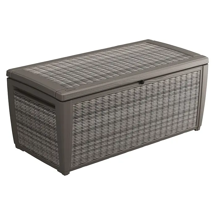 Keter Baúl para jardín Taiwan - L x An x Al: 73 x 145 x 64 cm, Marrón, Plástico - Una caja de almacenamiento de jardín gris con textura tejida, diseñada para uso en exteriores, perfecta para patios y jardines.