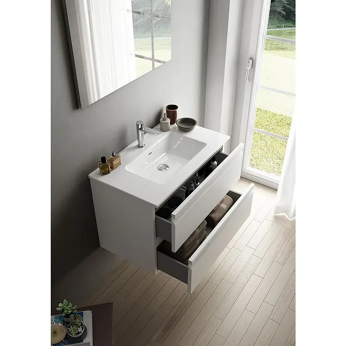 Camargue Pull Waschtischunterschrank - B x T x H: 79,5 x 45,4 x 55 cm, Weiß - Modernes Badezimmer mit einem weißen Waschtischunterschrank mit zwei offenen Schubladen und einem stilvollen Waschbecken.