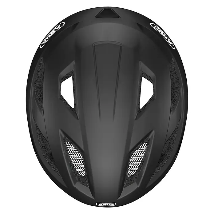 Abus Casco para bicicleta City - Tamaño: L 57 - 61 cm, Negro - Vista superior de un casco de bicicleta negro ABUS con orificios de ventilación y detalles reflectantes para mayor seguridad.