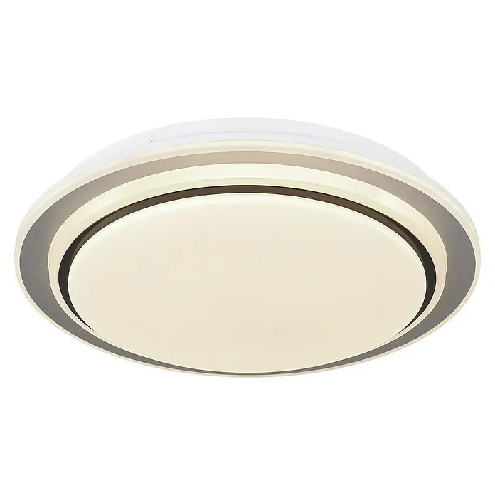 Globo LED-Deckenleuchte rund Foppa - 24 W, Ø x H: 40 x 7 cm, Schwarz - Nahaufnahme einer modernen, runden LED-Deckenleuchte mit einem schlanken, mehrstufigen Design, das sanftes, warmes Licht ausstrahlt.