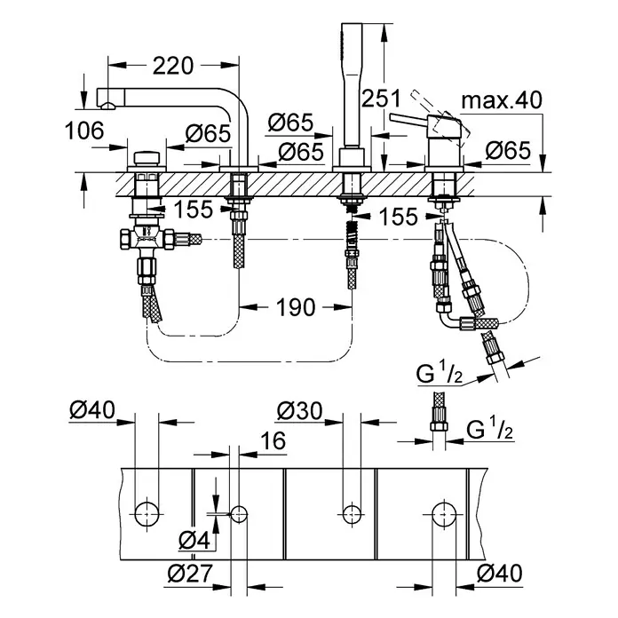 Grohe Concetto Badewannenrandarmatur - Chrom, Glänzend - Schema einer Armatur mit Maßangaben zu Design, Größe und Anschlussdetails für Installation und Montage.