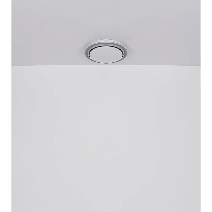 Globo Plafón LED redondo Marco - 24 W, Ø x Al: 40 x 7 cm, Negro - Un ventilador de techo circular está montado en un techo blanco, proporcionando una solución de iluminación funcional y moderna.