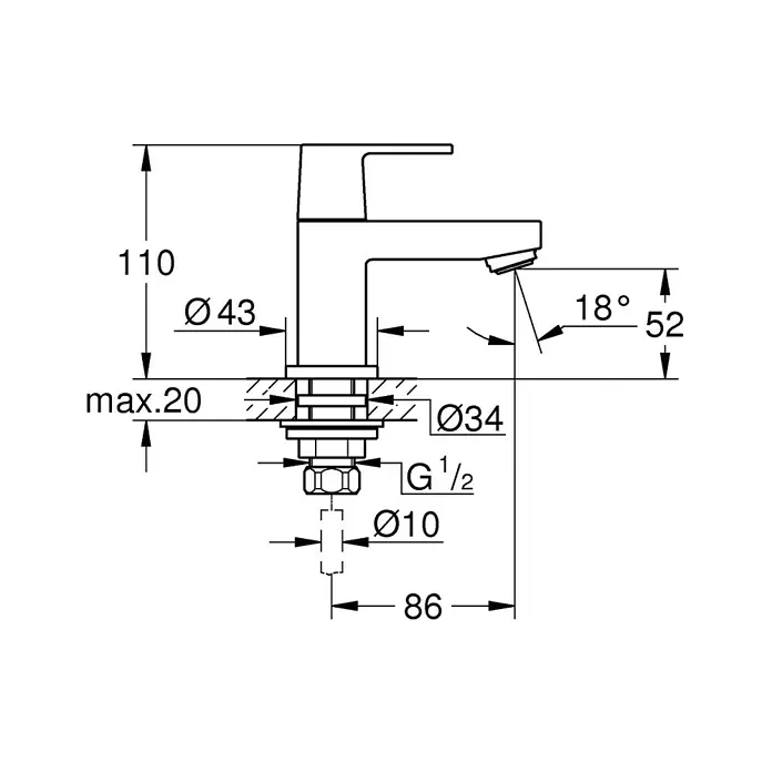 Grohe Eurocube Kaltwasser-Standventil XS-Size - Chrom, Glänzend - Produktzeichnung einer Armatur mit den Maßen Höhe 110mm, Ausladung 86mm und verschiedene Durchmesser von 10mm bis 43mm.