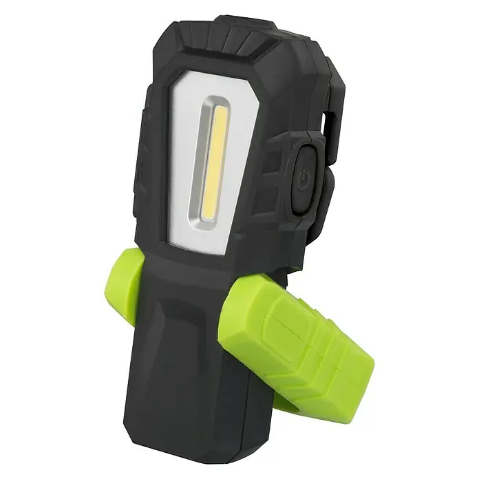 BAUHAUS Taschenlampe Rw. 160 - 12 x 4,5 x 1,7 cm, 110 lm - Nahaufnahme einer Arbeitsleuchte in Schwarz und Limettengrün mit LED-Beleuchtung und einem Schalter, ideal für den Einsatz in Werkstätten.