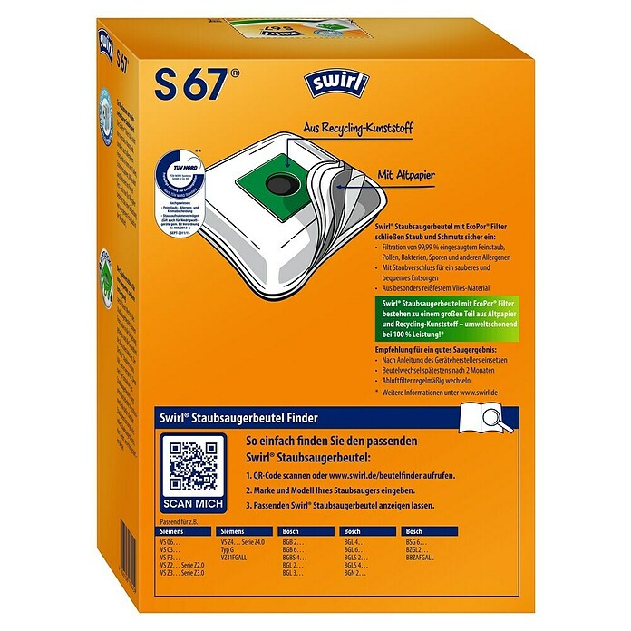 Swirl MicroPor Plus Staubsaugerbeutel S 67 (4 Stk., Passend für: Siemens Staubsauger)
